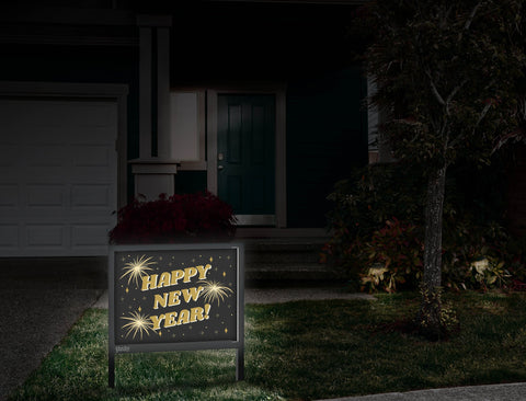 Happy New Year Fireworks Yardsy Sign Front Door