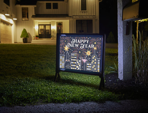 Happy New Year Cityscape Yardsy Sign