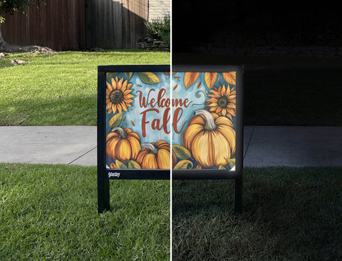 Sunflower and Pumpkin Welcome Fall Yardsy Sign - Day Night