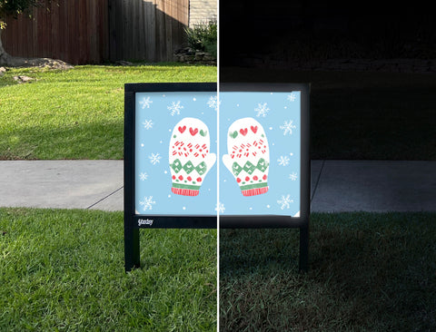 Winter Snowy Mittens Yardsy Sign - Day Night